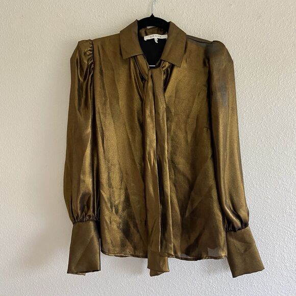 Frame Denim Tops - FRAME Gold Metallic Blouse Button Up Women’s XS Long Sleeve
